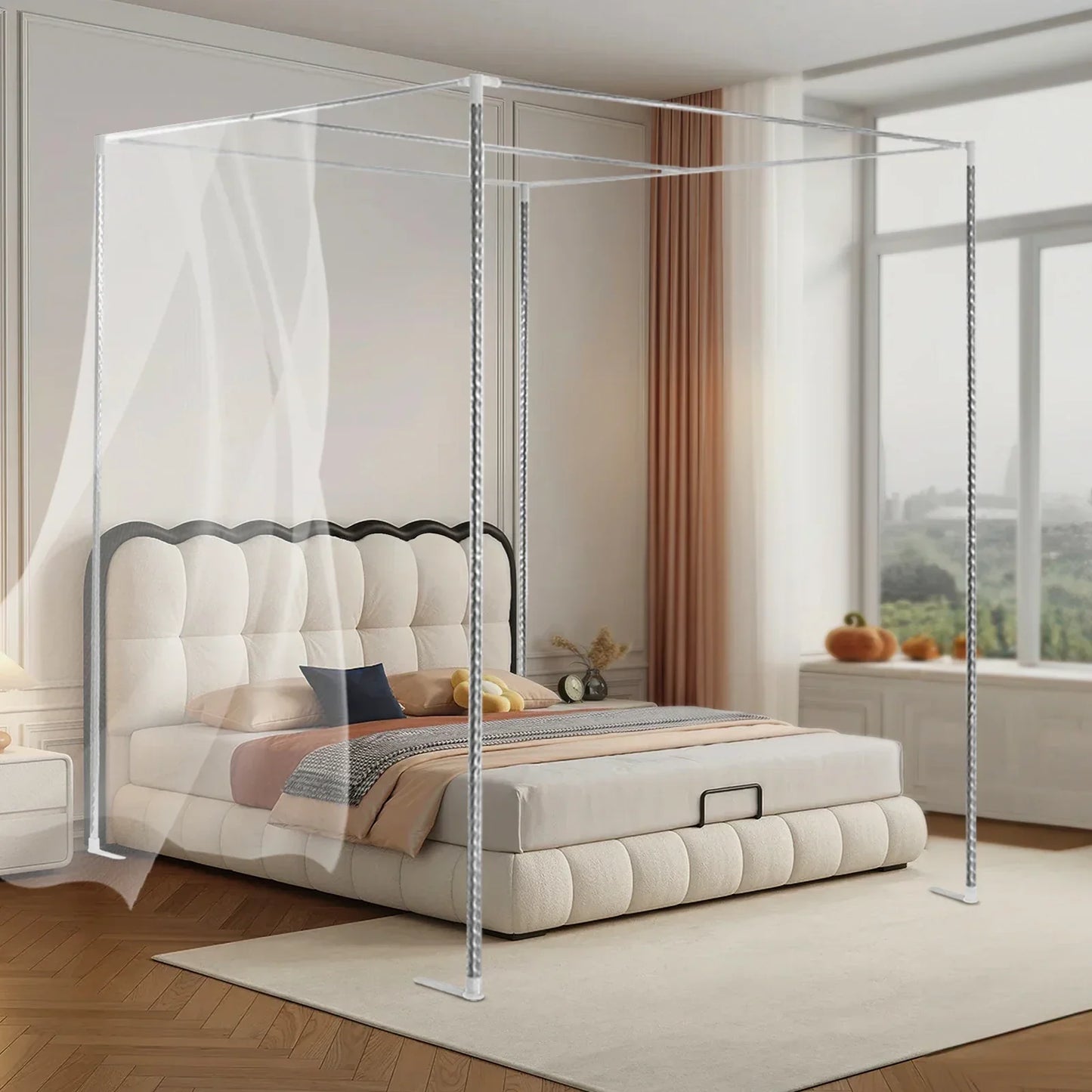 Four-Corner Bed Canopy Frame Posts, Metal Four-Corner Mosquito Net Stand for Single/Double/California King/King Beds