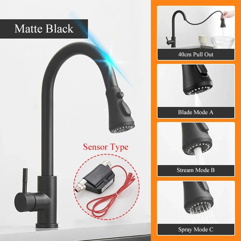 Shinesia Touch Sensor Filter Kitchen Faucet Gourmet Pull Out Pure Water Tap Dual Handle Black Kitchen Sink Mixer