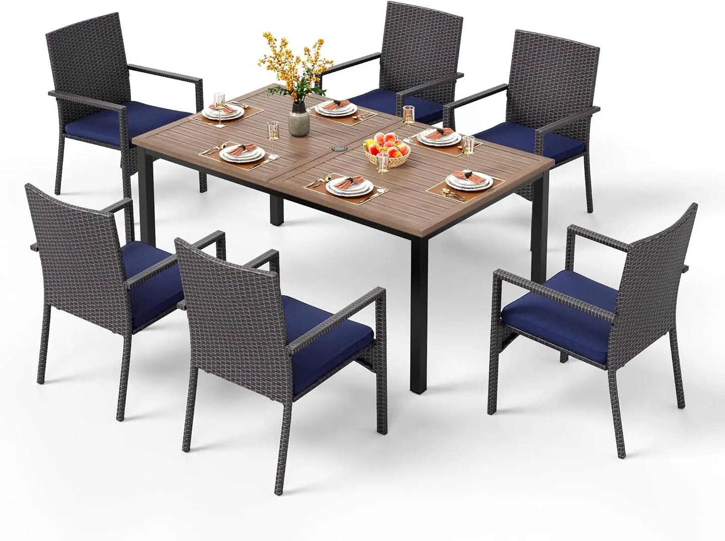 7 Pieces Patio Dining Set, 65” Wood-Like Metal Steel Dining Table & Rattan Wicker Chairs with Cushions