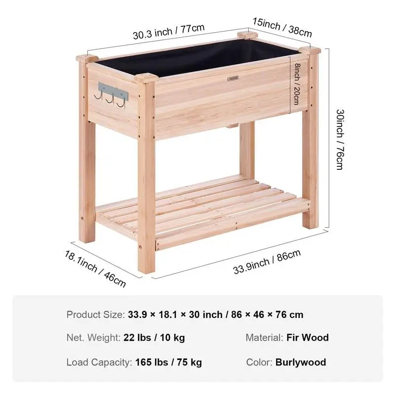 Elevated Wooden Planter 34x18x30in For Backyard Garden Patio, Solid Fir Wood Rectangular Vegetable Trough Legged Herb Flower Box Natural Finish