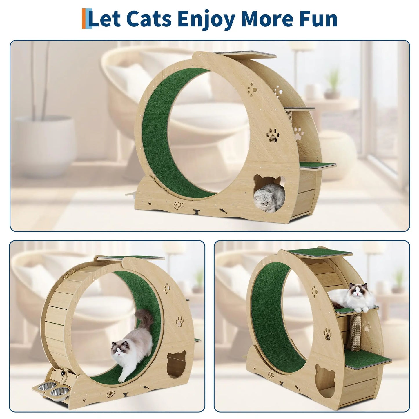 6-in-1 Multifunctional Cat Exercise Wheel Quiet Large Cat Treadmill With Bowls Scratch Post Detachable Carpet Cats Running Wheel