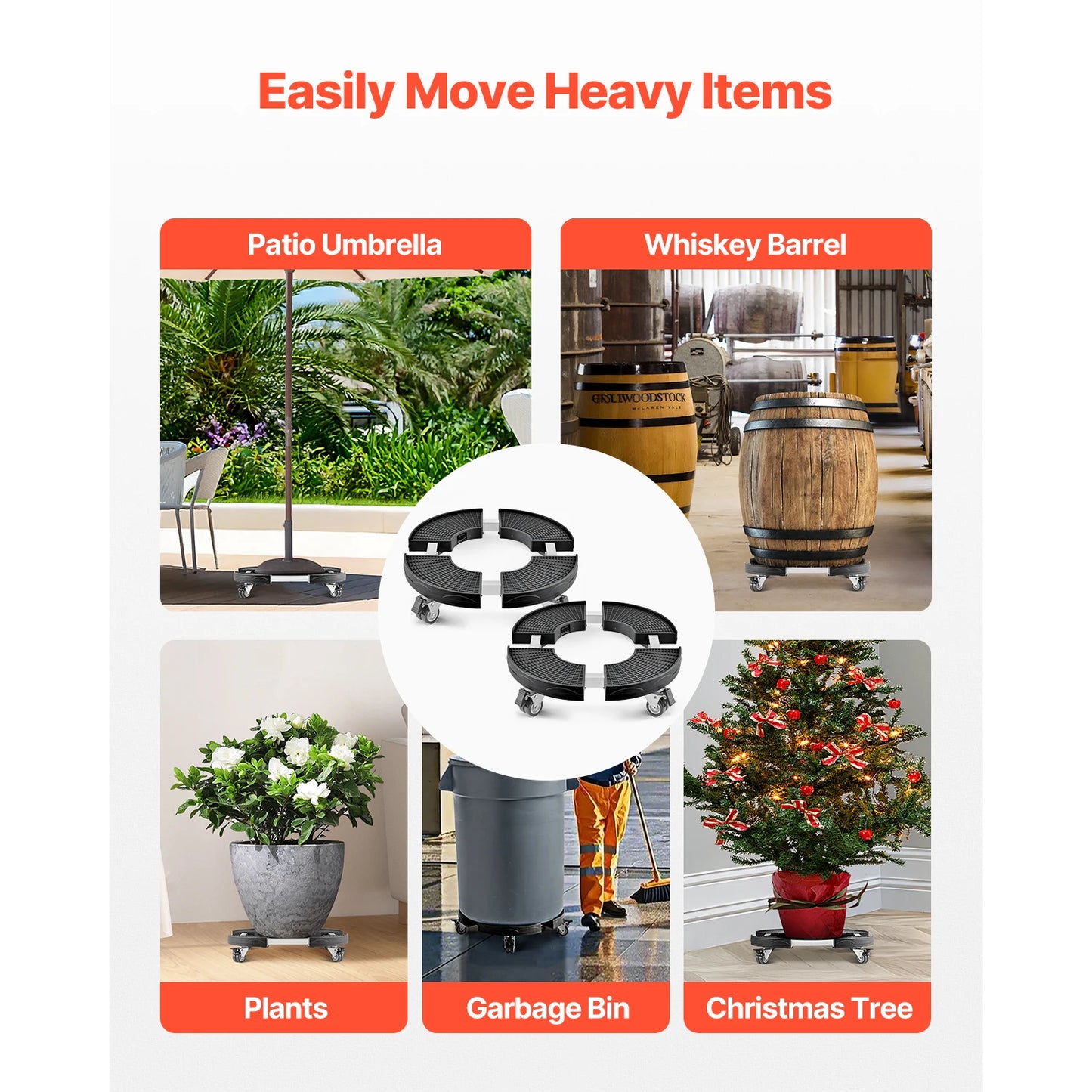 SucceBuy 1/2Packs Trash Can Dolly 400 lbs Round Roller Base 15-22.8in Adjustable with 4 Lockable Wheels Plant Caddy Rolling Cart
