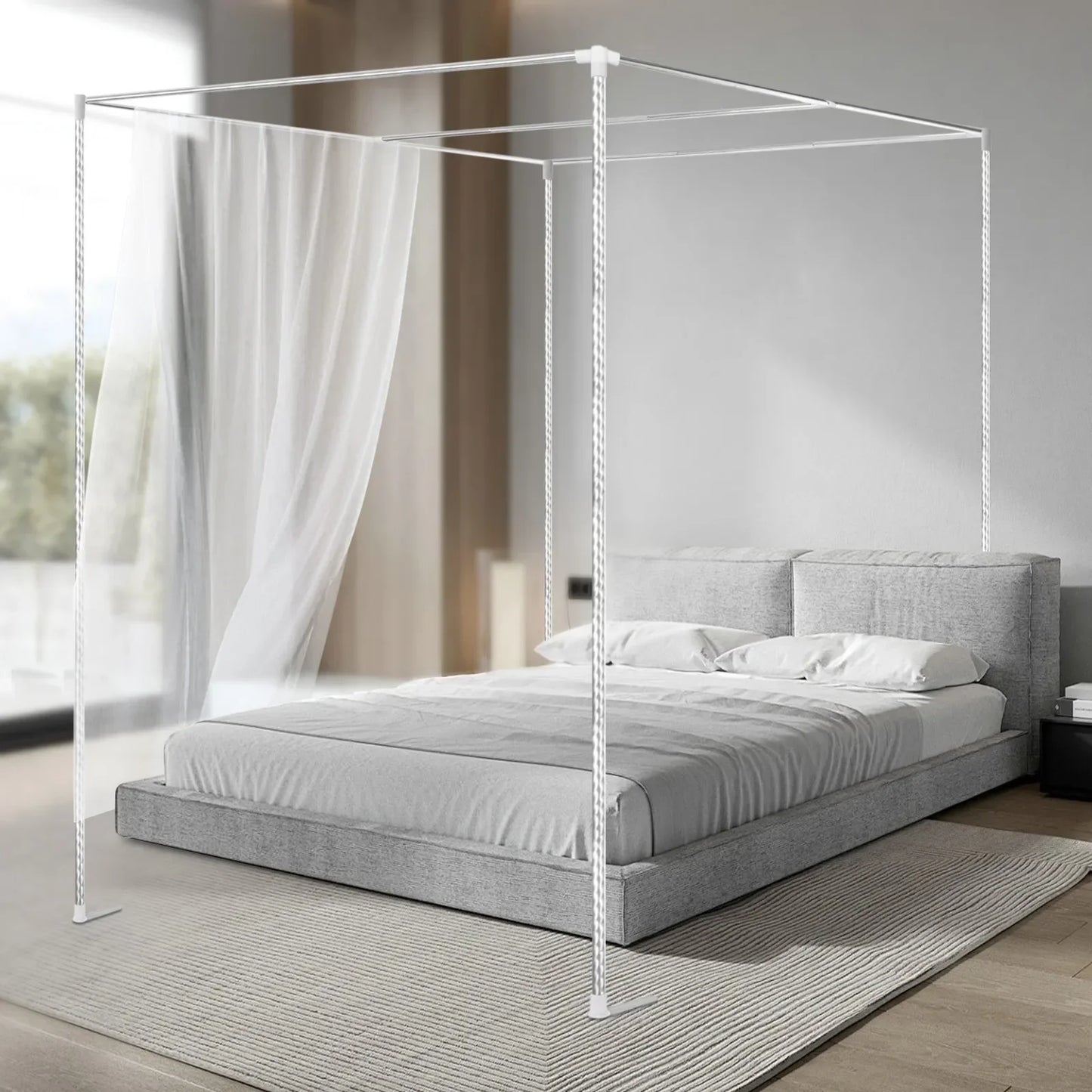 Four-Corner Bed Canopy Frame Posts, Metal Four-Corner Mosquito Net Stand for Single/Double/California King/King Beds