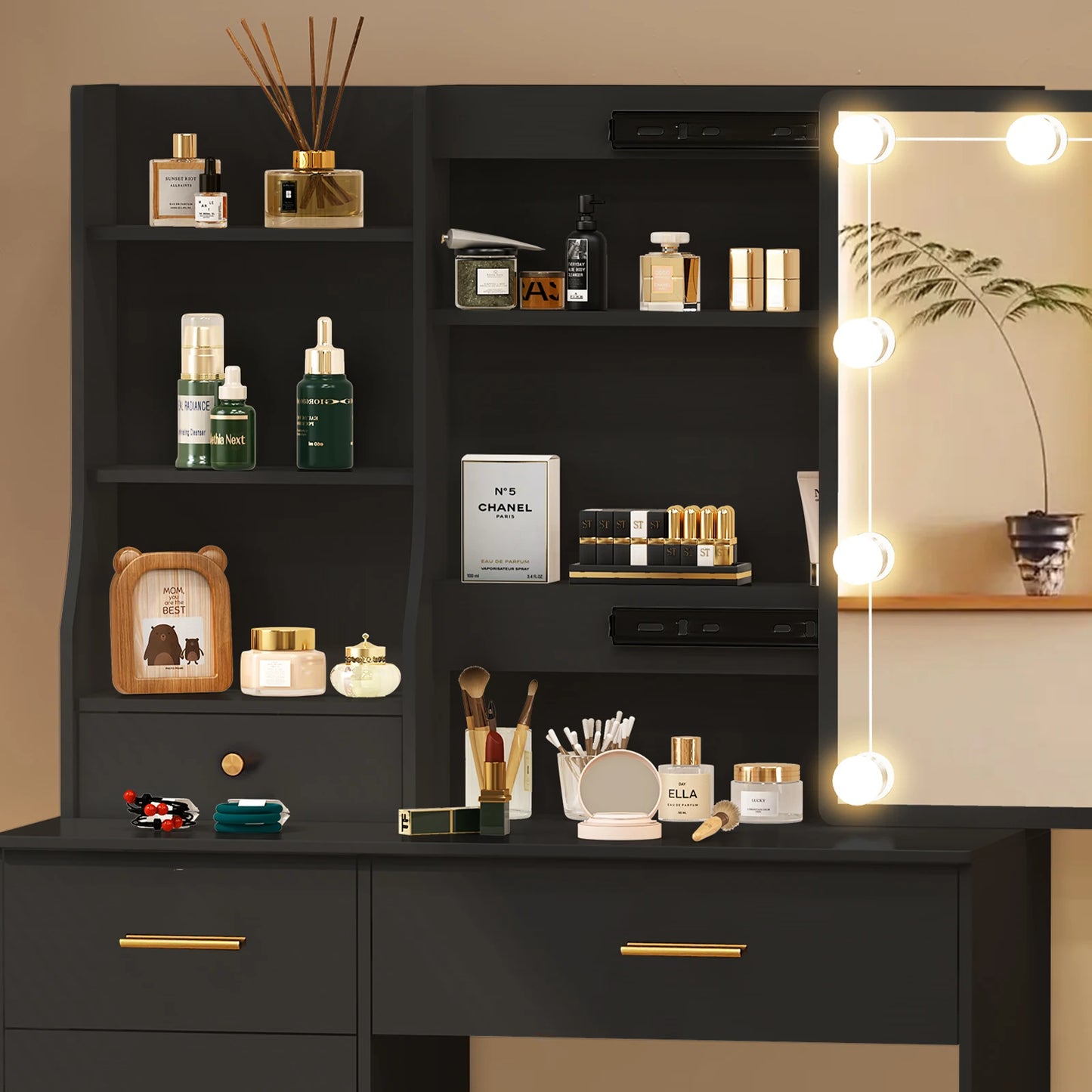 10 LED Lights Makeup Mirror Vanity Table Set with Stool, Sliding Drawers Dressing Desk for Bedroom, Beauty Cosmetic Storage Organizer