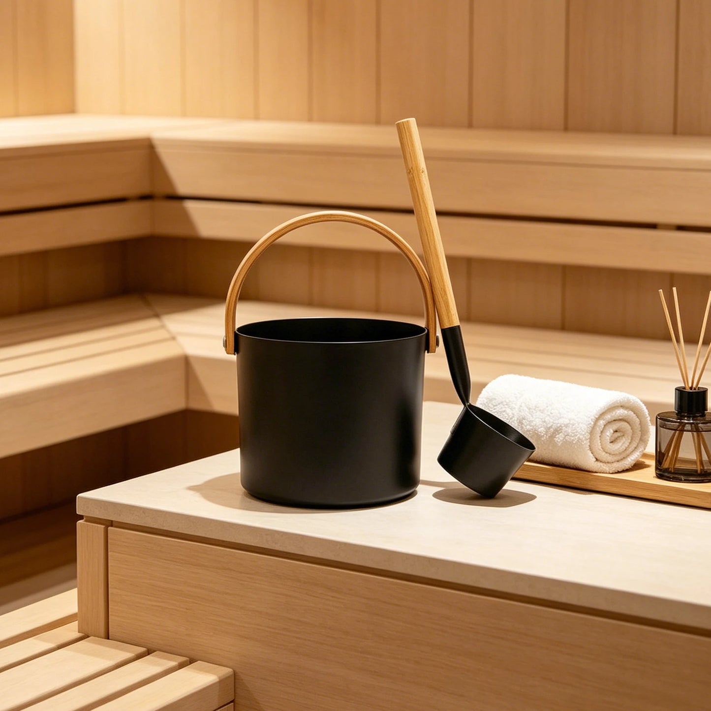 Black Sauna Bucket and Ladle Set, Large Aluminum Sauna Bucket With Long Handle Spoon, Sauna Accessories Set