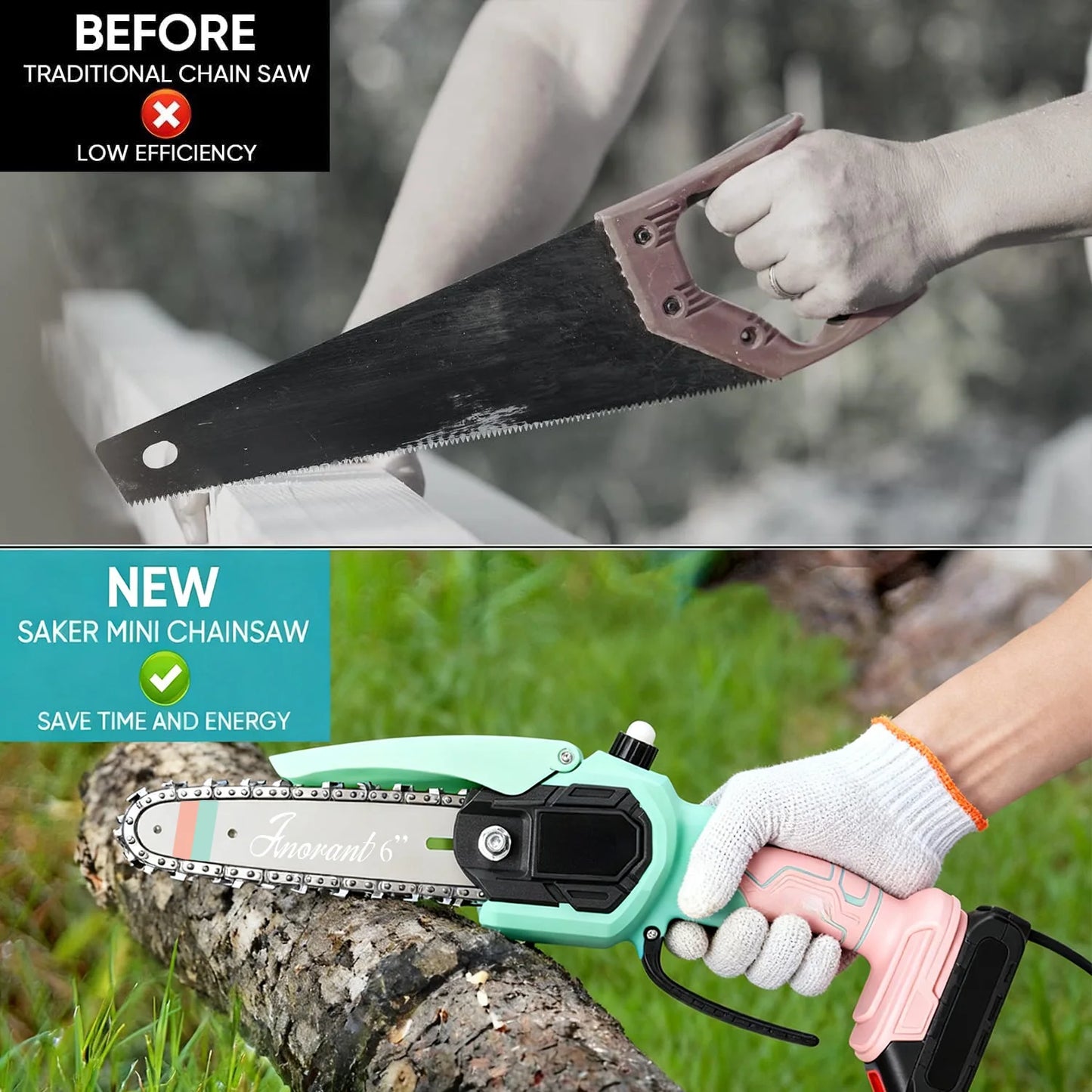 Mini Chainsaw Cordless Electric Chain Saws with 2 Batteries Powered, Super Handheld Portable Saws For Tree Cutting and Courtyard