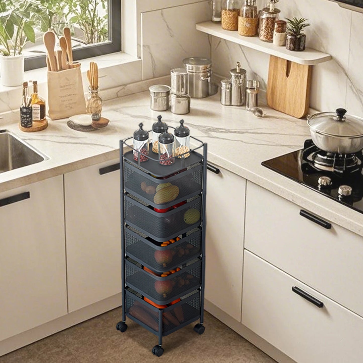 Five Layers 360 Degree Rotatable Trolley Storage Rack, Carbon Steel Storage Rack, Kitchen Vegetable Rack, Snack Storage Rack