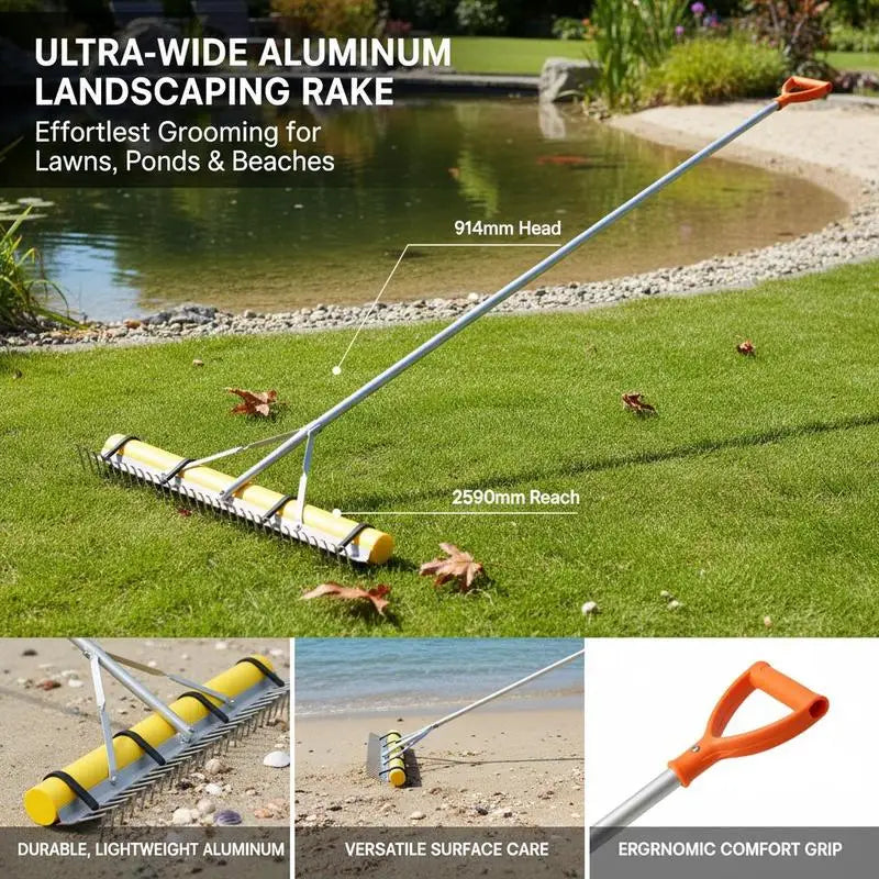 Aluminum Leveling Tool 36" Head 102" Handle For Garden Yard Beach, Heavy Duty Large Rake Loosening Soil Pond Gravel Lawn Care 52ft Rope