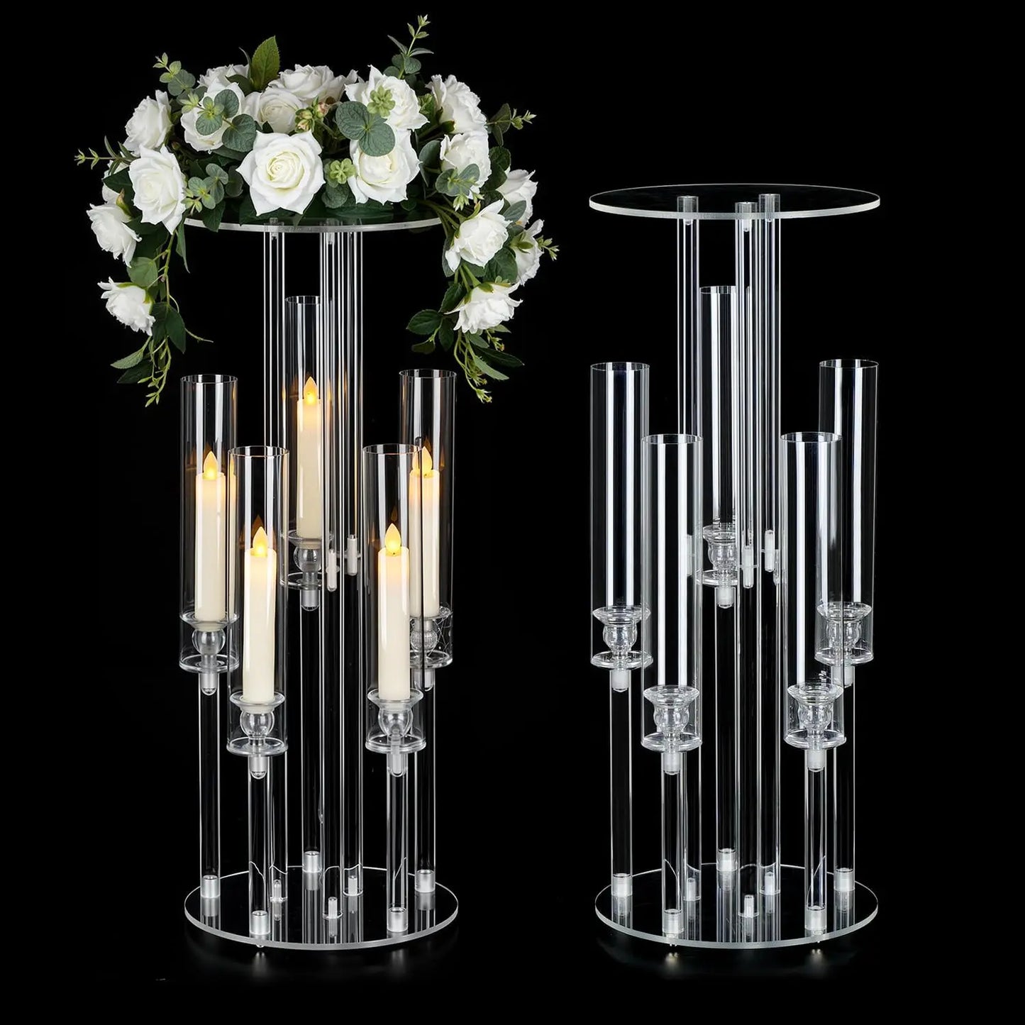 2PCS Acrylic Candelabra 5 Arm Clear Centerpiece for Wedding Table | Crystal Candle Holder with Lampshade for Birthday Christmas Party Home Decor