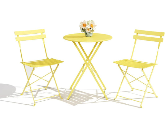 3Pcs Patio Bistro Set, Metal Frame Space-Saving Folding Bistro Table and Chairs Outdoor Furniture Set for Yard Garden Balcony