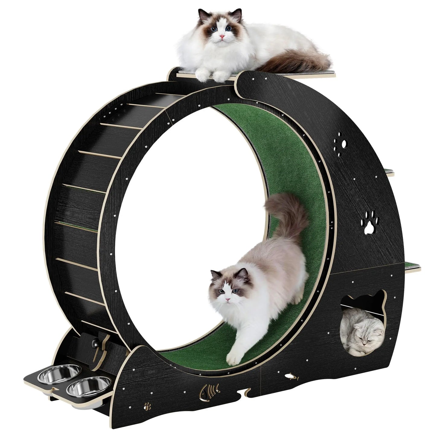 6-in-1 Multifunctional Cat Exercise Wheel Quiet Large Cat Treadmill With Bowls Scratch Post Detachable Carpet Cats Running Wheel