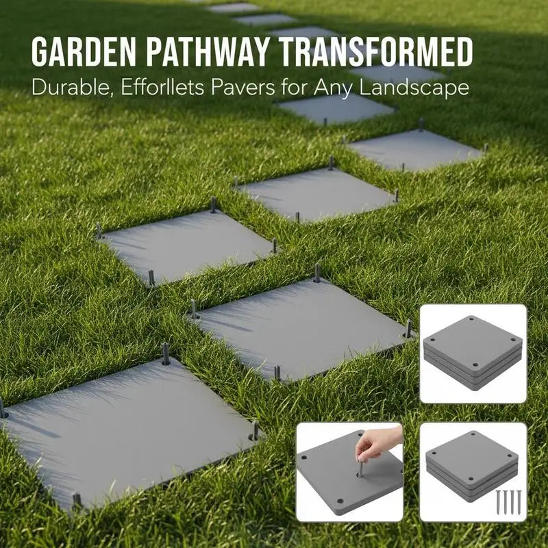 Outdoor Pathway Pavers 15.5 x 15.5 in For Lawn Patio Landscape, Decorative Walkway Blocks Ground Stakes Smooth Surface Grey 4Pcs