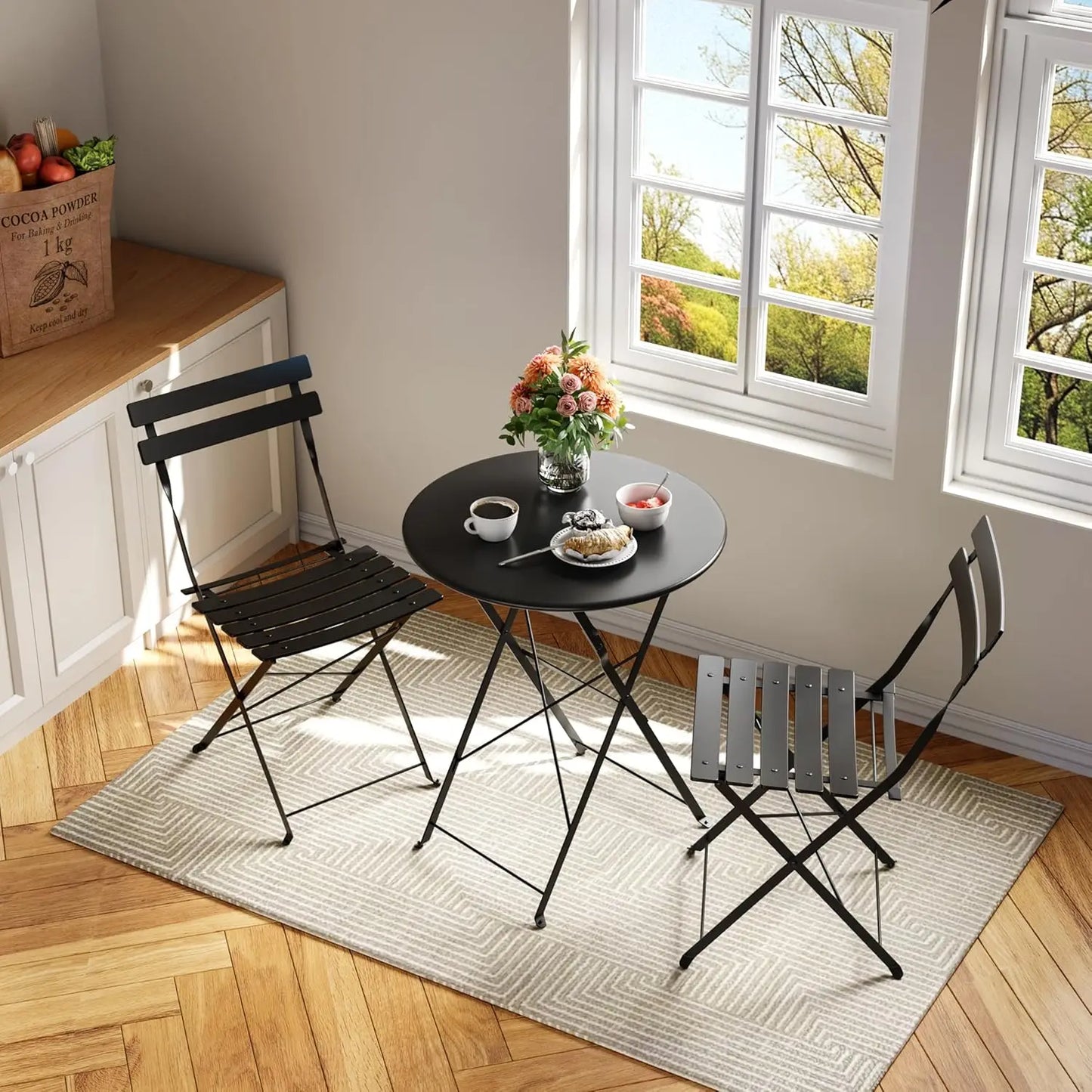 3Pcs Patio Bistro Set, Metal Frame Space-Saving Folding Bistro Table and Chairs Outdoor Furniture Set for Yard Garden Balcony