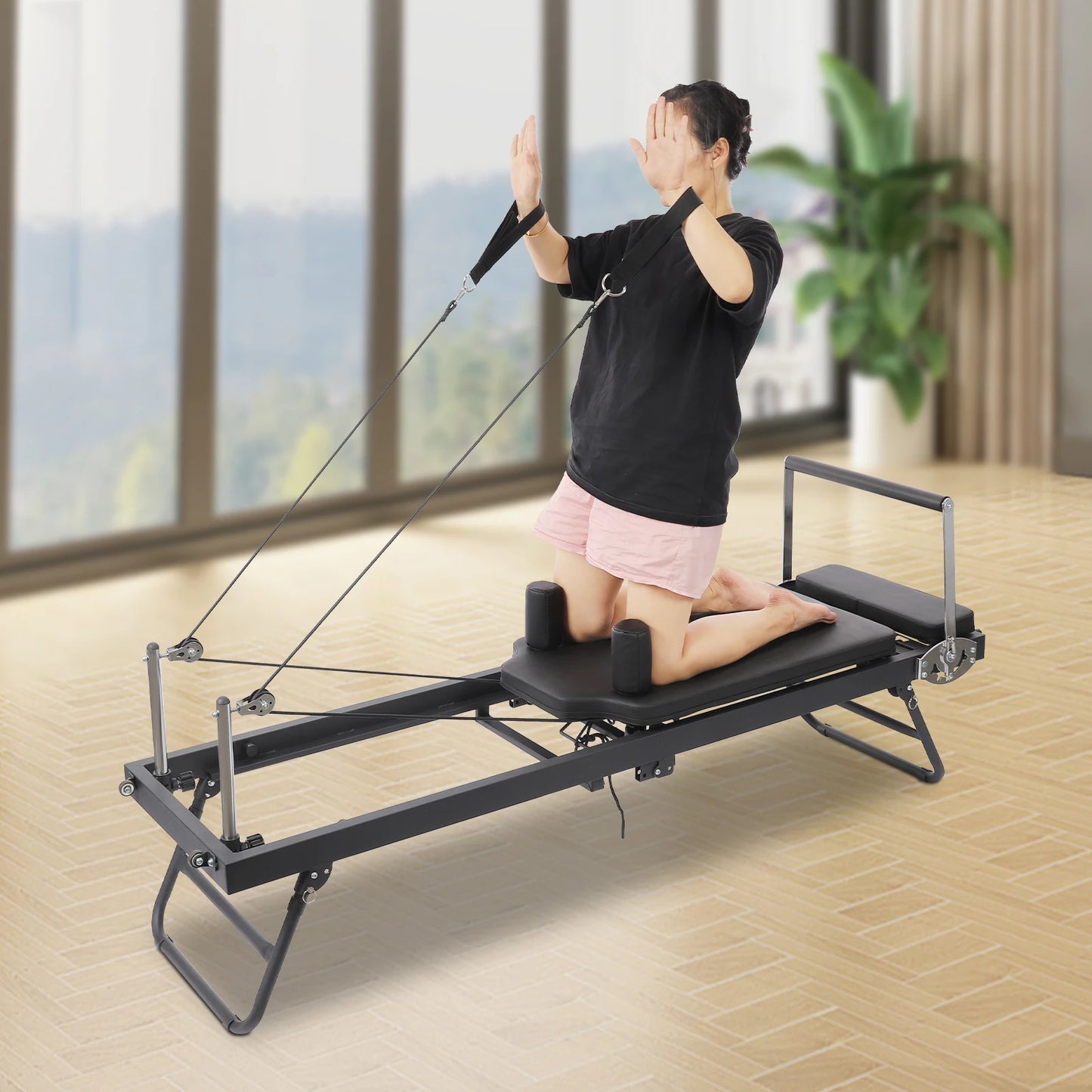 Foldable Pilates Reformer Machine Portable Fitness Equipment Multifunctional Yoga Fitness Equipment Pilates Exercise Equipment Grey/Black Use in Homes/Offices/Yoga Studios/Gyms