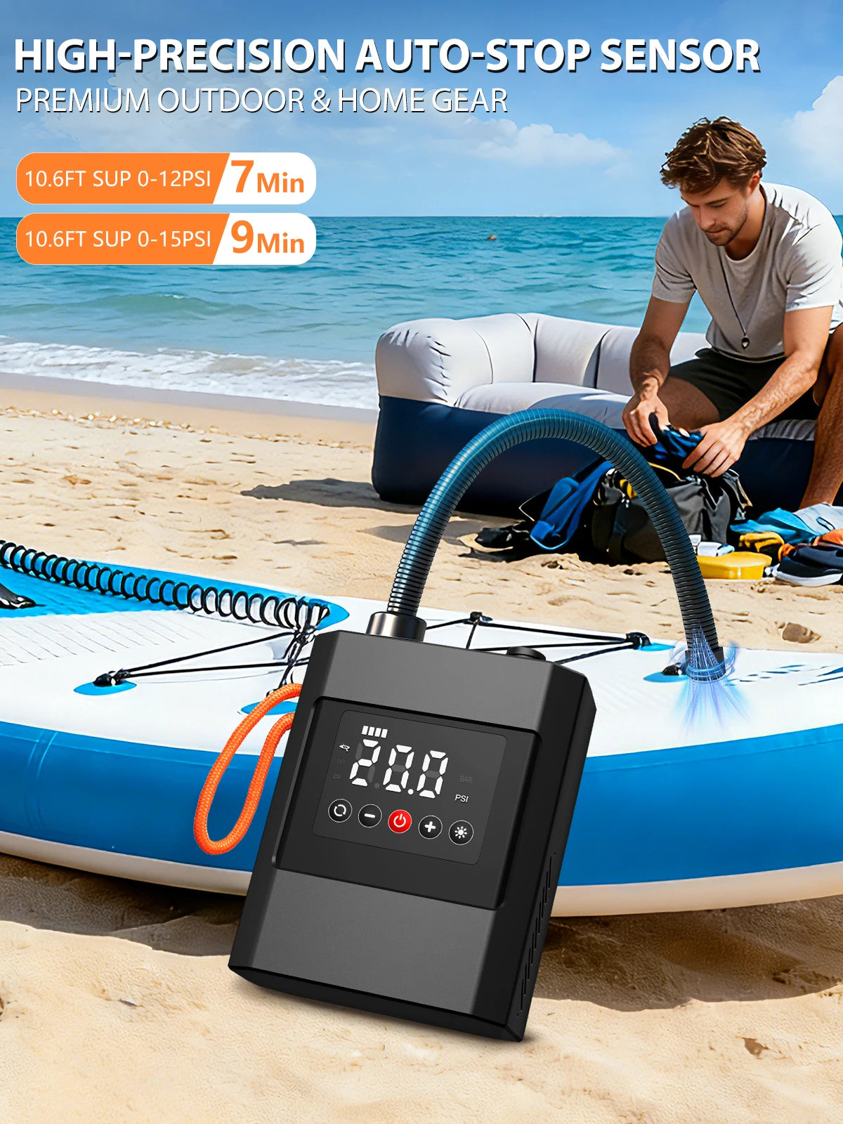 Electric Paddle Board Pump, 20PSI SUP pump for Paddleboard,Dual Stage Inflation&Deflation, Auto-Off and 12V DC connector for Sta