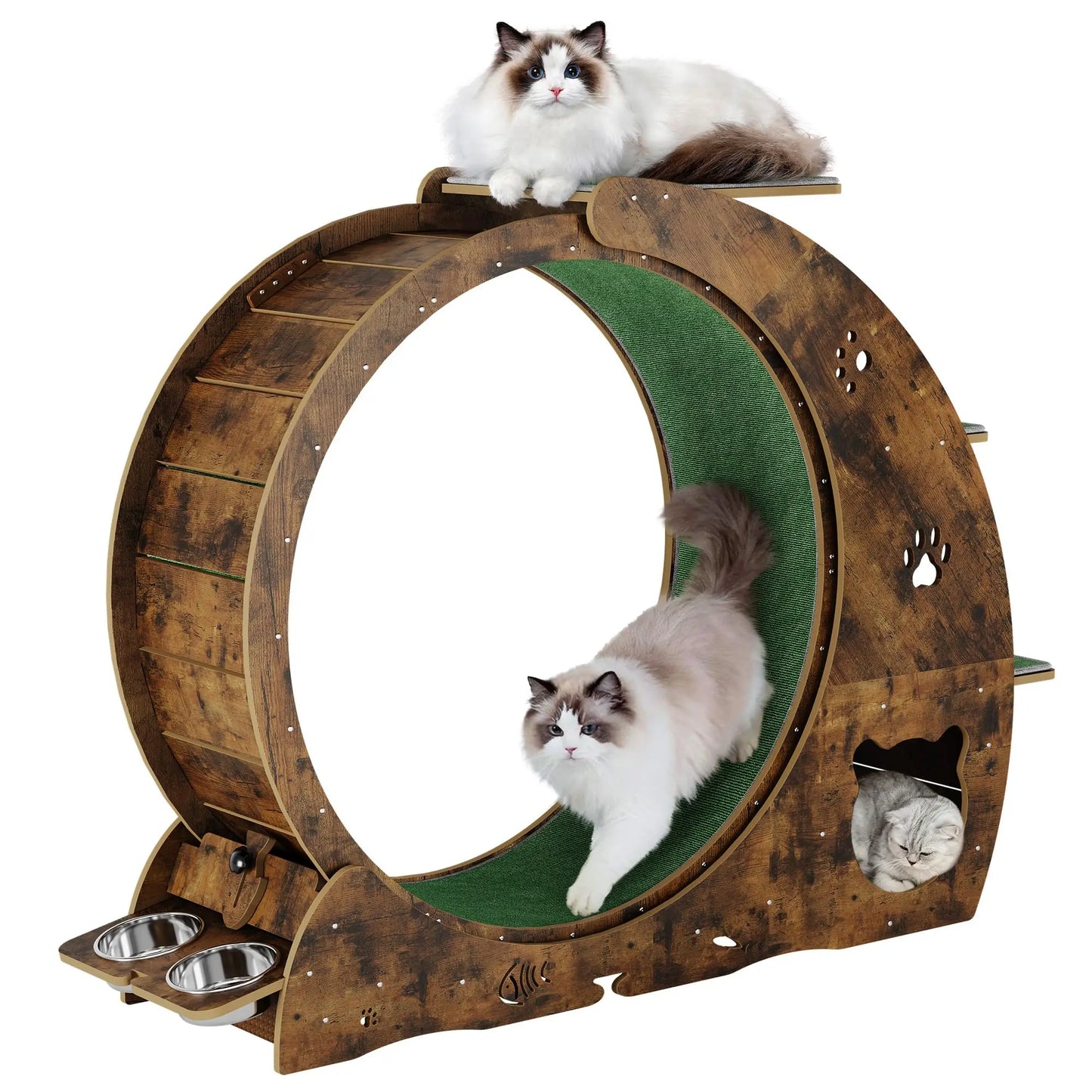 6-in-1 Multifunctional Cat Exercise Wheel Quiet Large Cat Treadmill With Bowls Scratch Post Detachable Carpet Cats Running Wheel