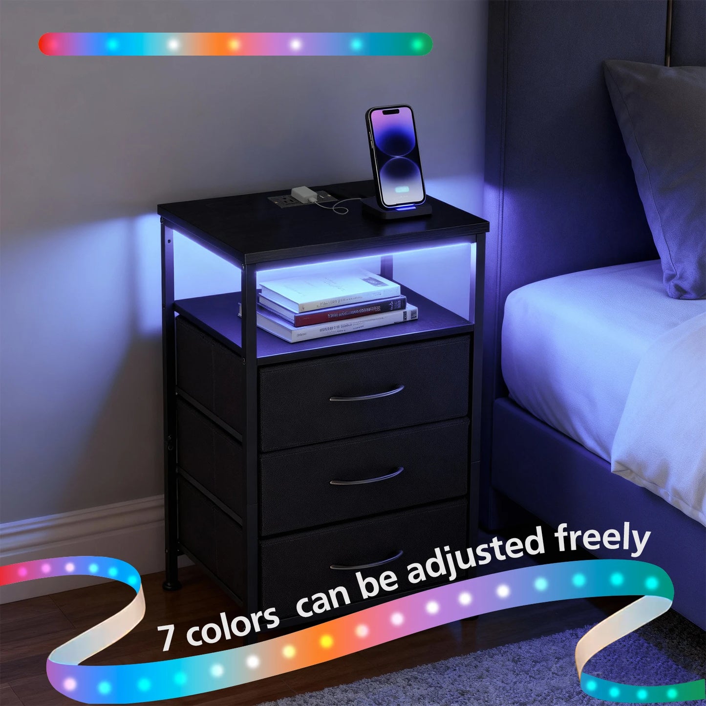 JHK 3 Fabric Drawers Cabinets with Charging Station Bedside End Table with USB/Type-C Ports Outlets Nightstand for Furniture