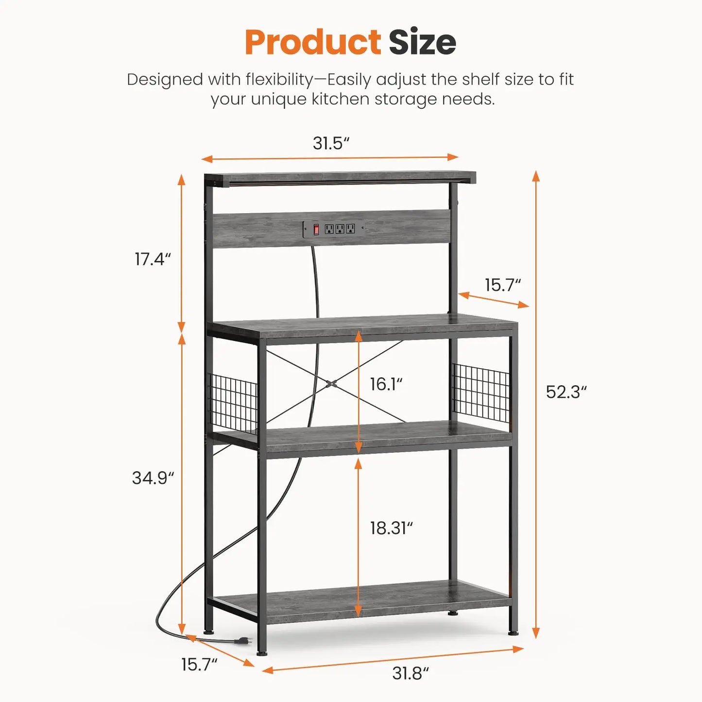 JHK 31.5 Inch Kitchen Bakers Rack with Power Outlet Coffee Bar Table 4 Tiers Microwave Oven Stand Adjustable Storage Shelf