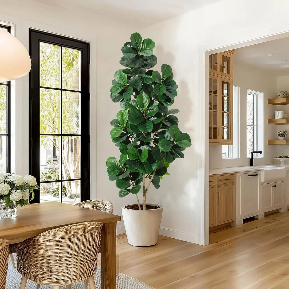 4-7 FT Fiddle Leaf Fig Tree Artificial Realistic Faux Ficus Lyrata Trees in White Planter Pot, Fake Floor Plants for Home Garden