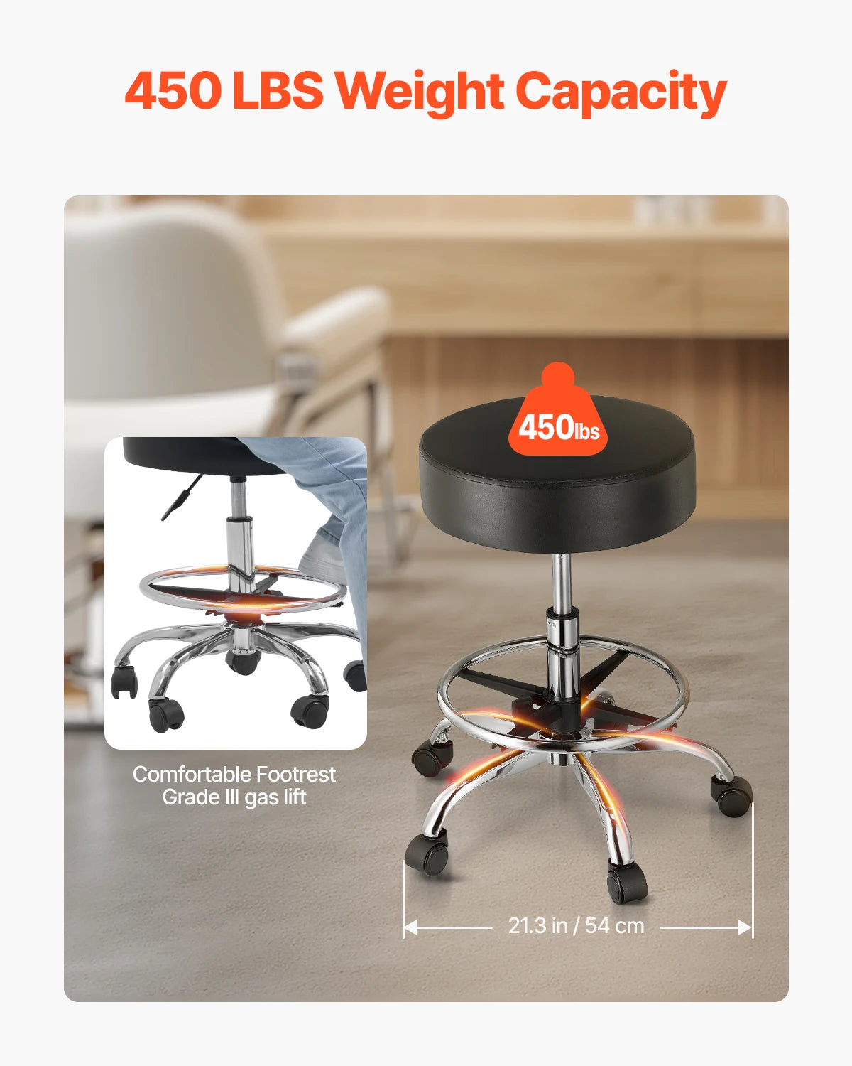 SucceBuy Rolling Stool w/ Wheels 450 LBS Weight Capacity Round Rolling Stool Chair Height Adjustable for Salon Spa Tattoo Clinic