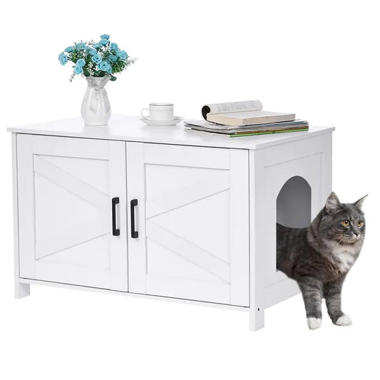 Cat Litter Box Enclosure, Wooden Cat Washroom Furniture with Barn Door, Pet House, Fit Most of Litter Box, White