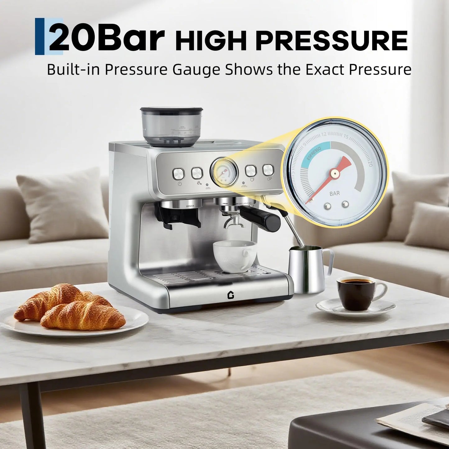 Espresso Machine With Grinder 20 Bar Stainless Steel Pressure Maker Featuring Removable 2.8L Water Tank Adjustable Shot Volume Professional For Home Barista And Office