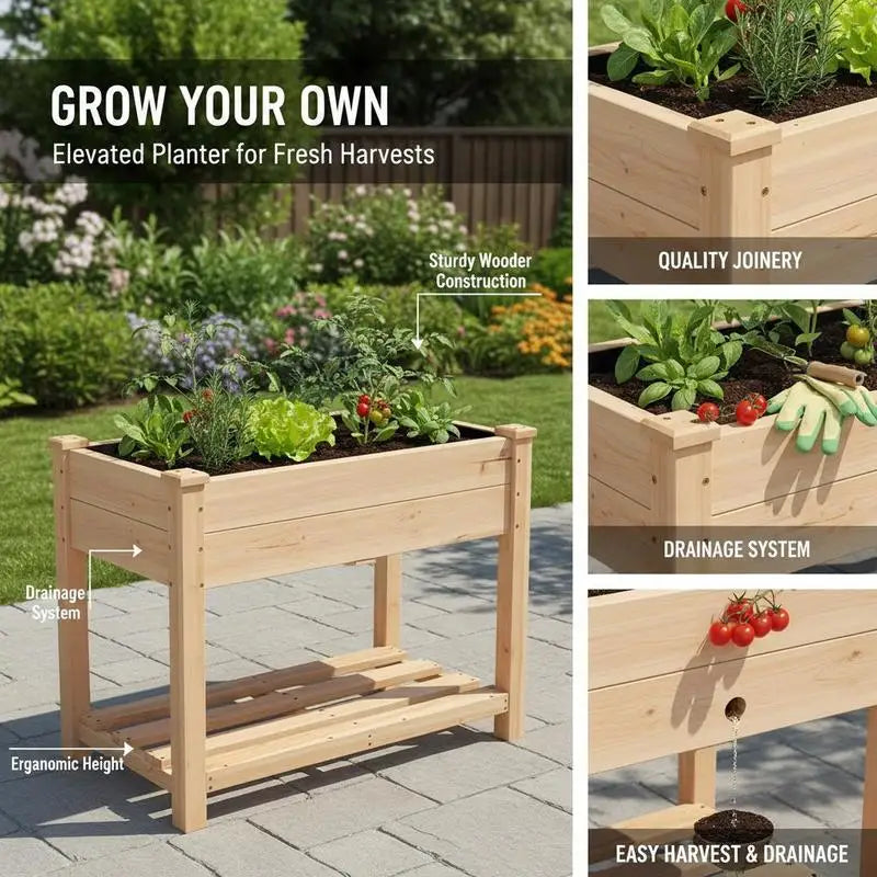 Elevated Wooden Planter 34x18x30in For Backyard Garden Patio, Solid Fir Wood Rectangular Vegetable Trough Legged Herb Flower Box Natural Finish