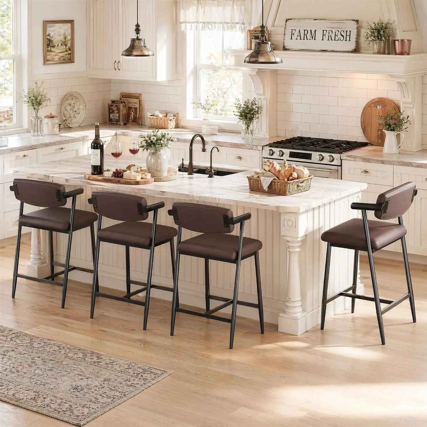 Set Of 4 Counter Height Bar Stools With Arms, Upholstered Back & Wide Seat, Metal Kitchen Island Bar Chairs With Footrest