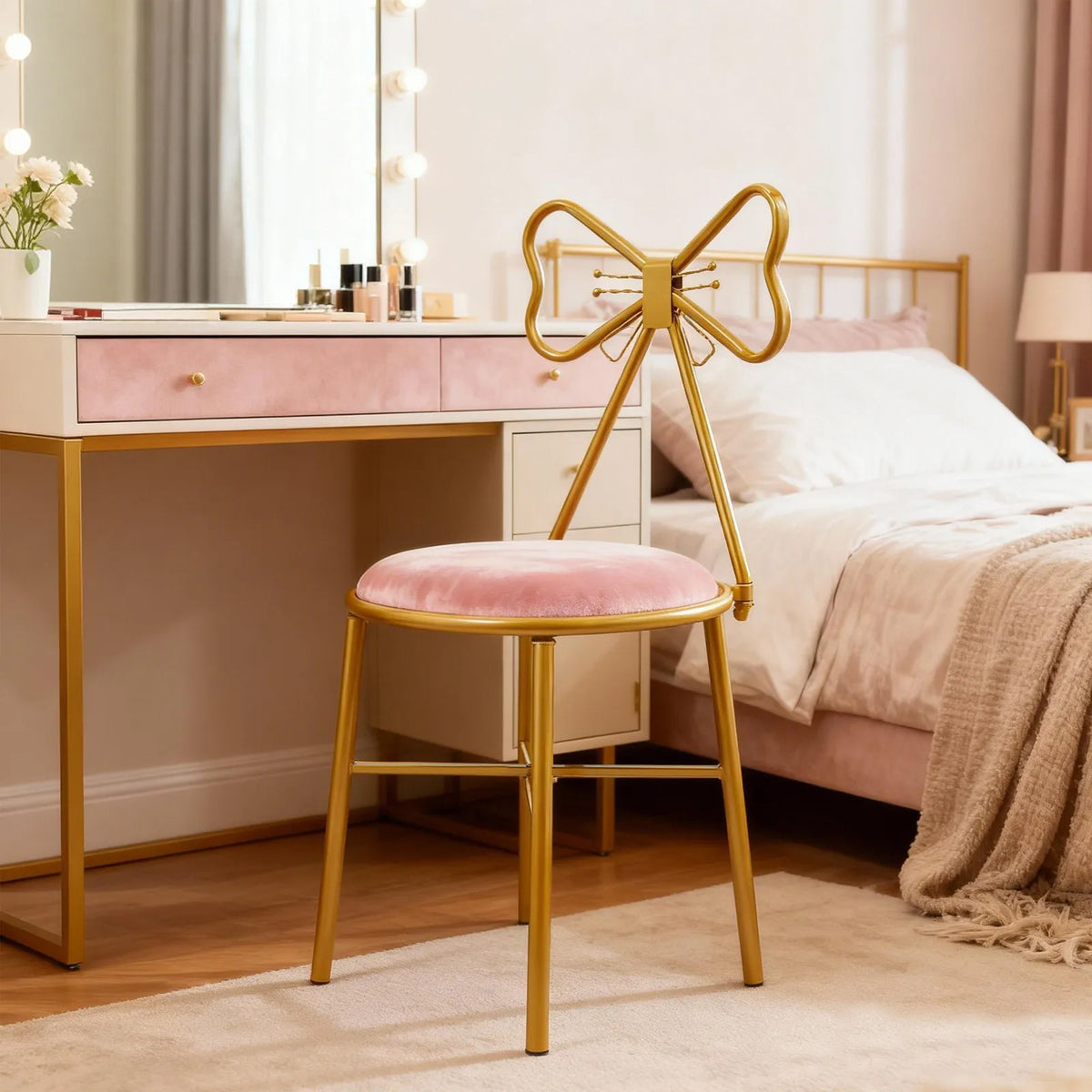 Pink Butterfly Back Vanity Stool Flannelette Makeup Chair Girl Dressing Stool Backrest Manicure Chair for Bedroom Dresser Salon