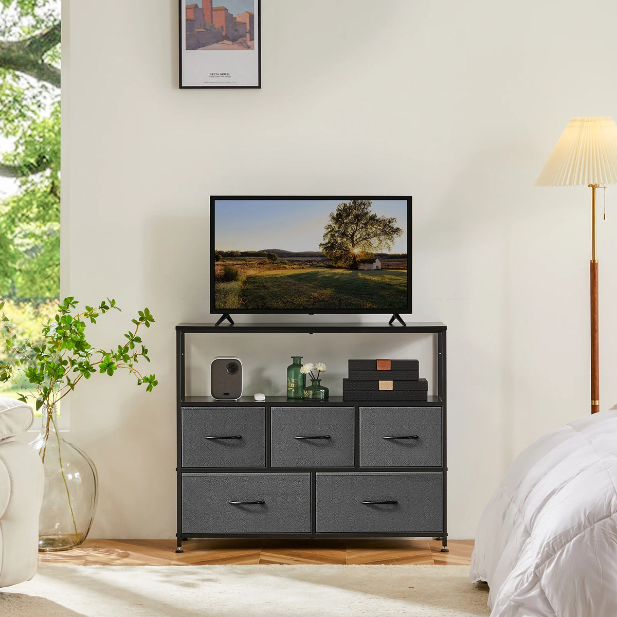 JHK Shoe Cabinet Dresser With 5 Fabric Drawers Toy Storage TV Stand Multilayer Shoe Rack Space Saving Cabinet Of Home Furniture