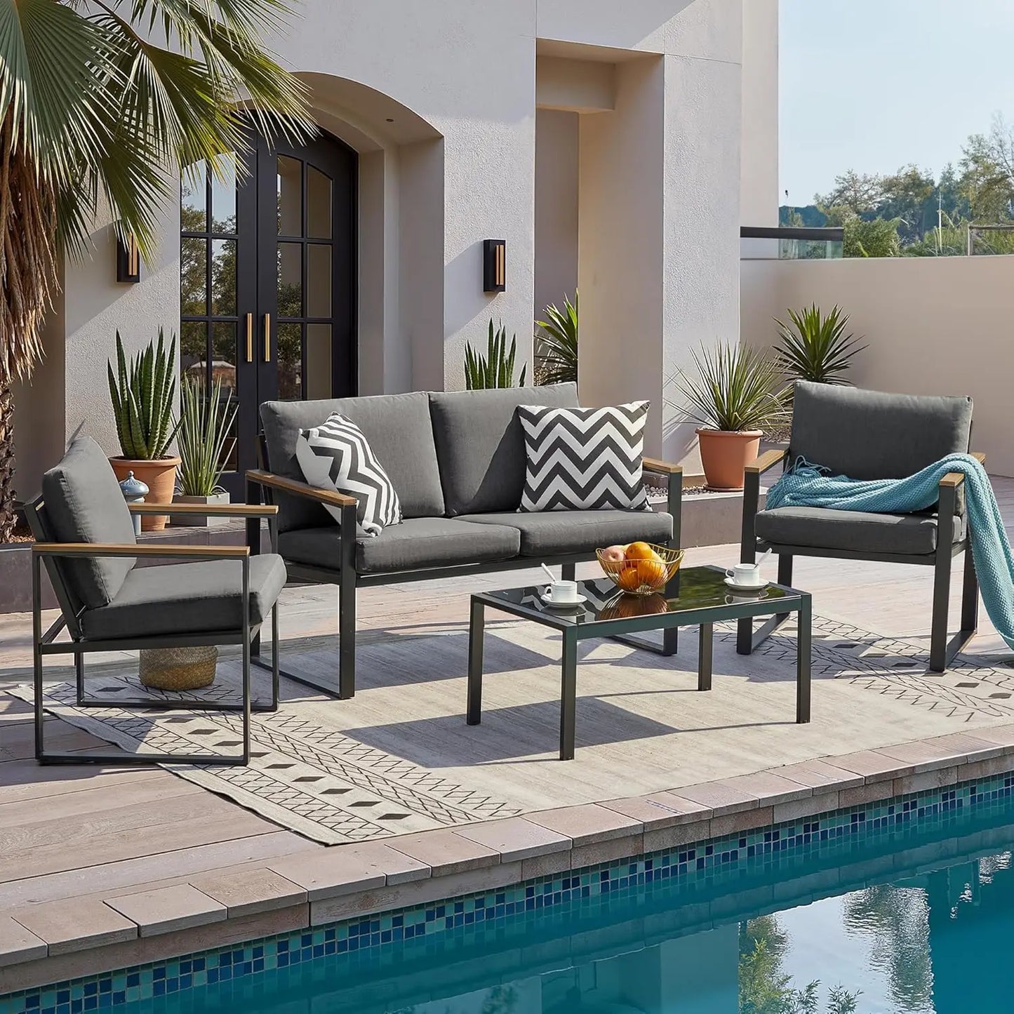 4 Pieces Metal Outdoor Patio Furniture Sets Wooden Customized Sectional Conversation Set for Garden Yard