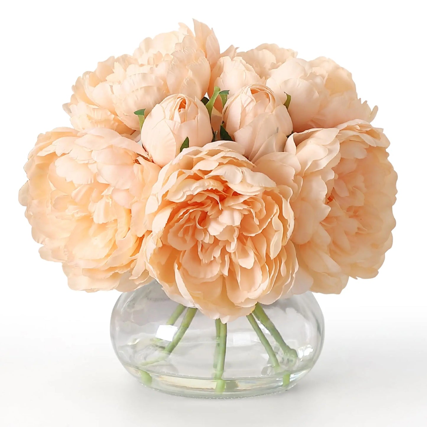 7 Pcs Real Touch Artificial Peonies in Glass Vase, 6 Stems Faux Flowers with Faux Water, Silk Peony Arrangements for Wedding Centerpiece, Home Table, Party Decor