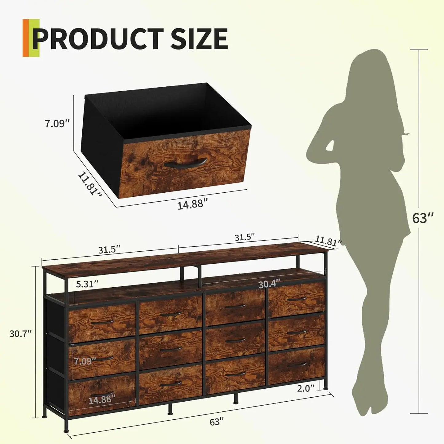 63 Inch Long Dresser For Bedroom With 12 Drawers And 2 Open Cubbies MDF Top And Steel Frame Sturdy Large Chest Of Drawers Also Functions As TV Stand For 65 To 75 Inch TV
