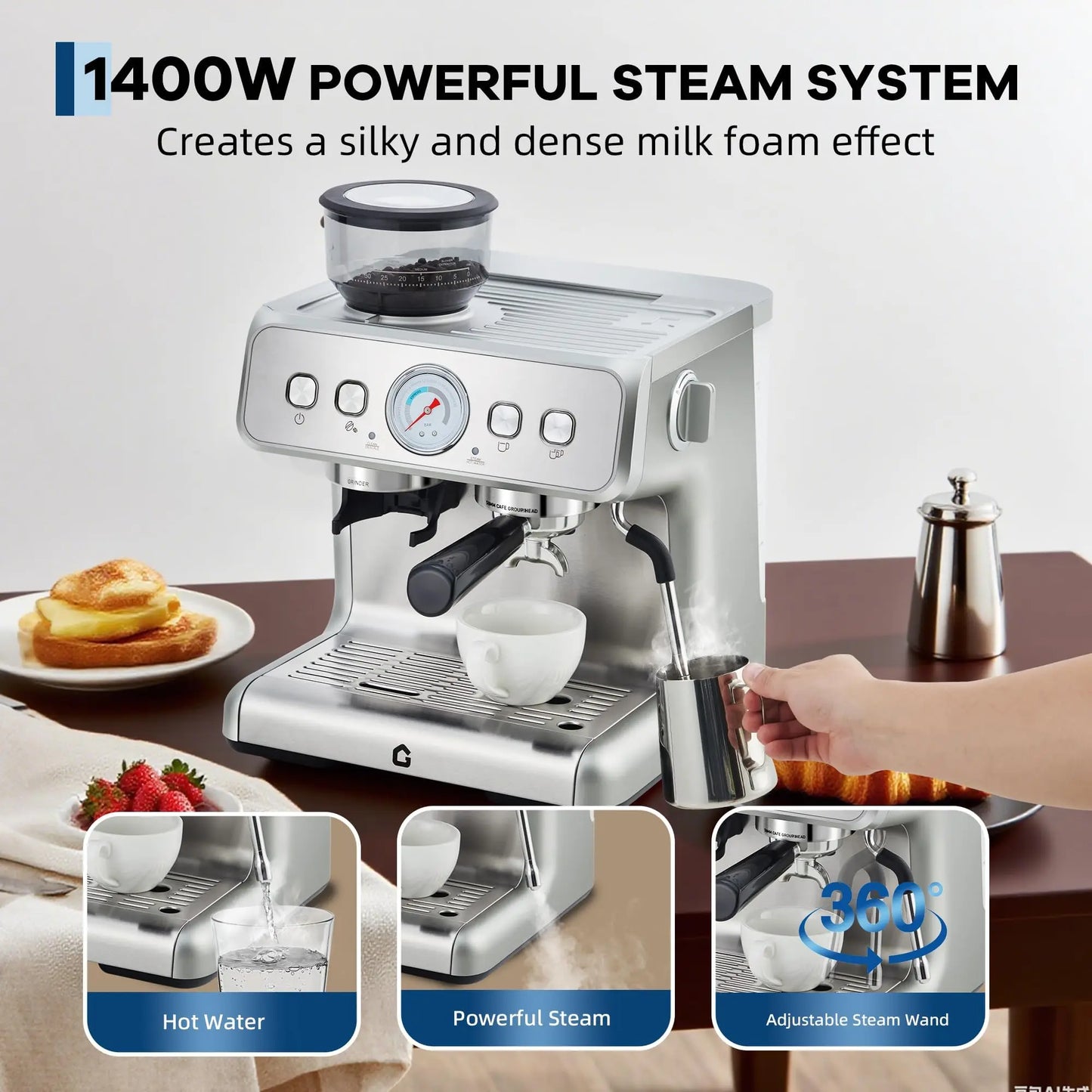 Espresso Machine With Grinder 20 Bar Stainless Steel Pressure Maker Featuring Removable 2.8L Water Tank Adjustable Shot Volume Professional For Home Barista And Office