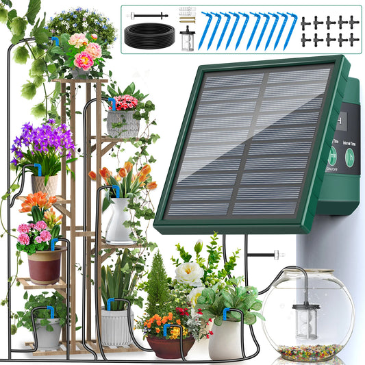 Solar Drip Irrigation Watering System  with 300 Watering Programmes, Garden Balcony Watering Kit with 10M Hose&10 Drip Tips etc, Suitable for Vegetables/Potted Plants/Fruit Trees