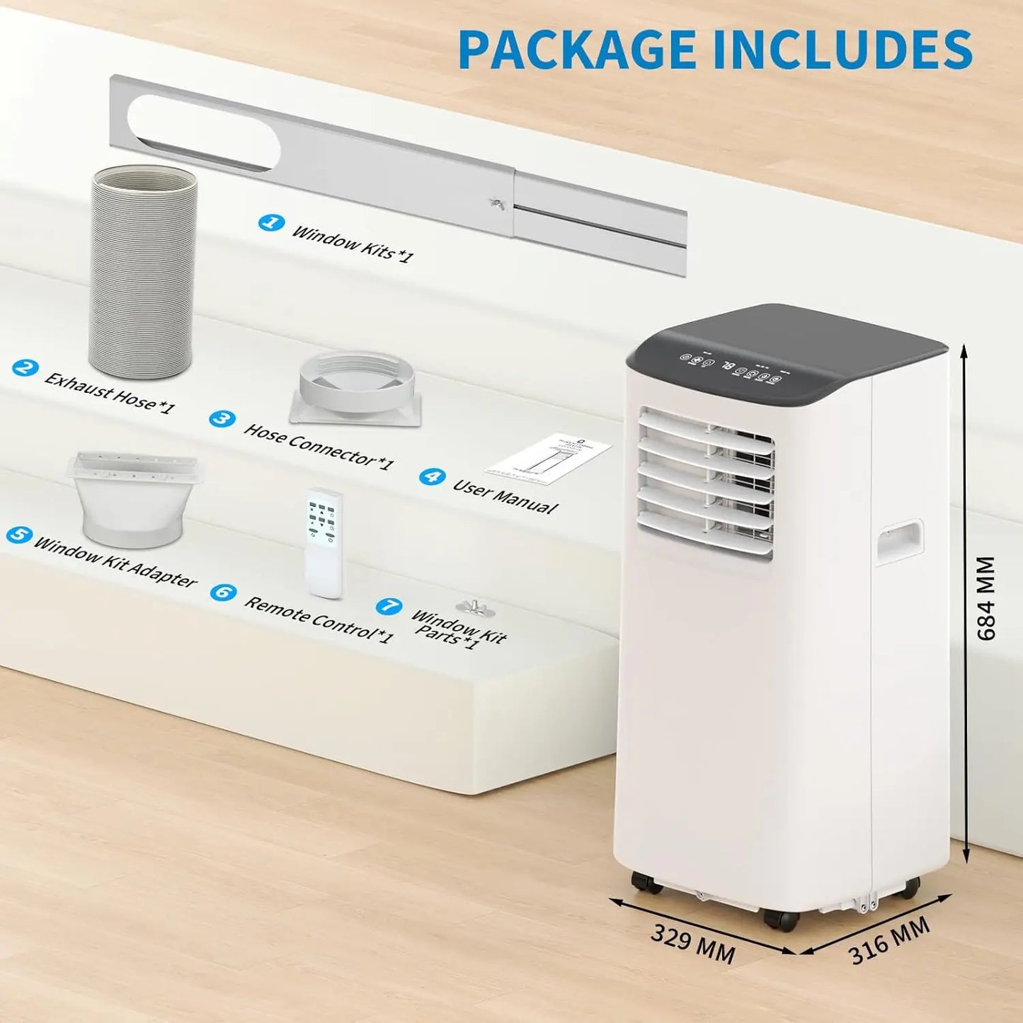 Portable Air Conditioner, 8000 BTU for Rooms up to 450 Sq. Ft., Remote & Auto Evaporation, Compact AC for Apartment, US Plug