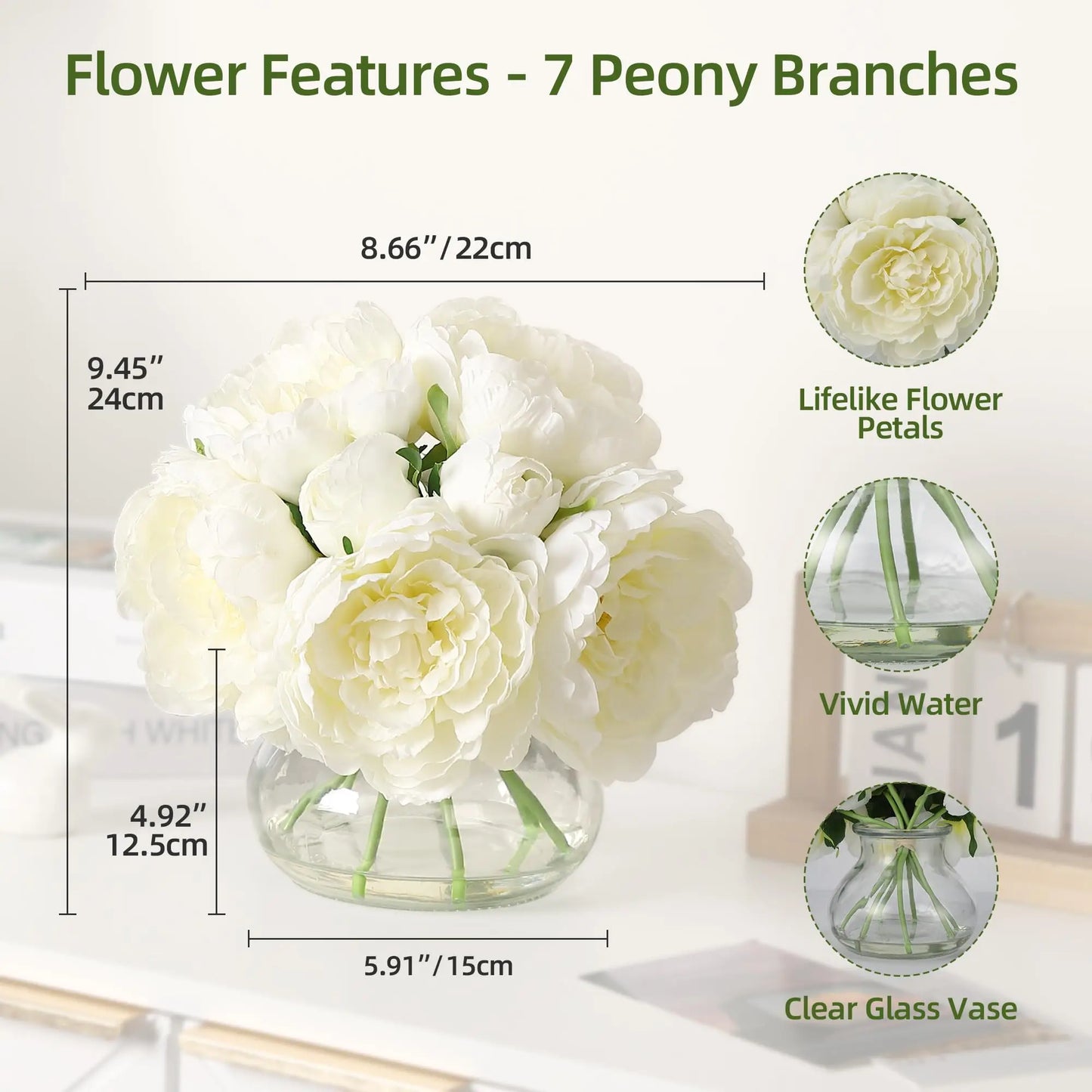 7 Pcs Real Touch Artificial Peonies in Glass Vase, 6 Stems Faux Flowers with Faux Water, Silk Peony Arrangements for Wedding Centerpiece, Home Table, Party Decor