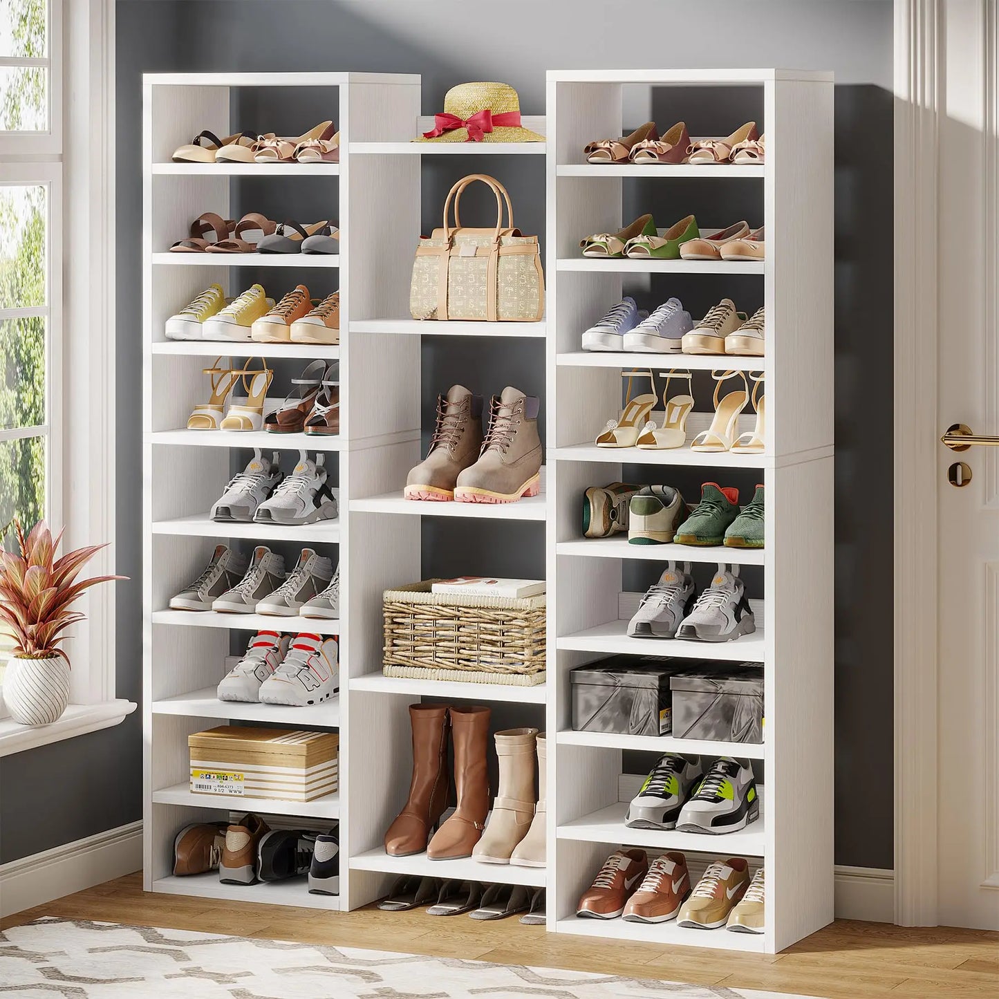 Tribesigns 14-Tier Shoe Rack, Freestanding Tall Shoe Shelf, White Wooden Shoe Storage Cabinet with 22 Open Cubbies, 46 Pairs Wid