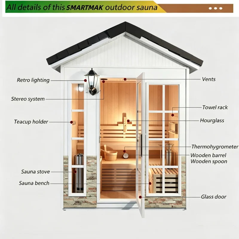 Factory Customized Outdoor Wood Sauna 3-4 Person Sauna Room with Roof Traditional Home Wooden Saunas Spa with 6kW Harvia Heater﻿