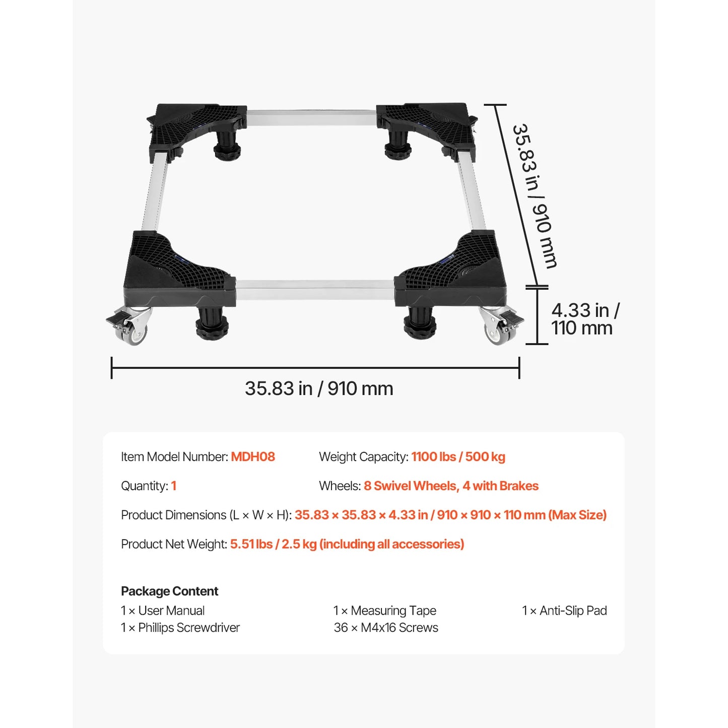 SucceBuy 1100 lbs Furniture Mover Dolly Fridge Stand with 8 Locking Twin Wheels 27.5 -35.4in Adjustable Mobile Base for Washer