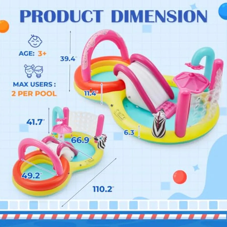 Inflatable Kiddie Pool 110 x 66 x 40 with Water Slide and Play Center for Outdoor Summer Water Toys with Sprayers Ring Toss Bal
