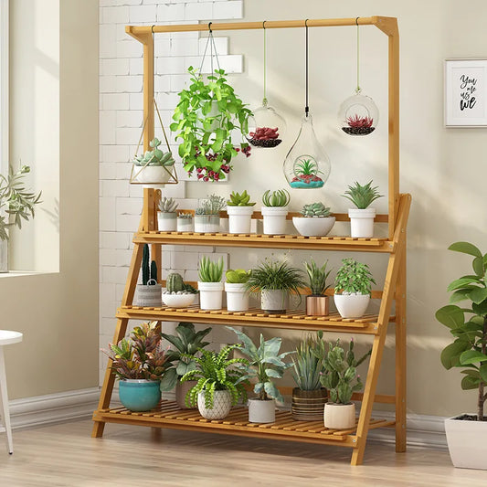 Folding Bamboo Plant Stand, Flower Pot Shelf, Multi-Use for Greenhouse Indoor and Outdoor, 3 Tier