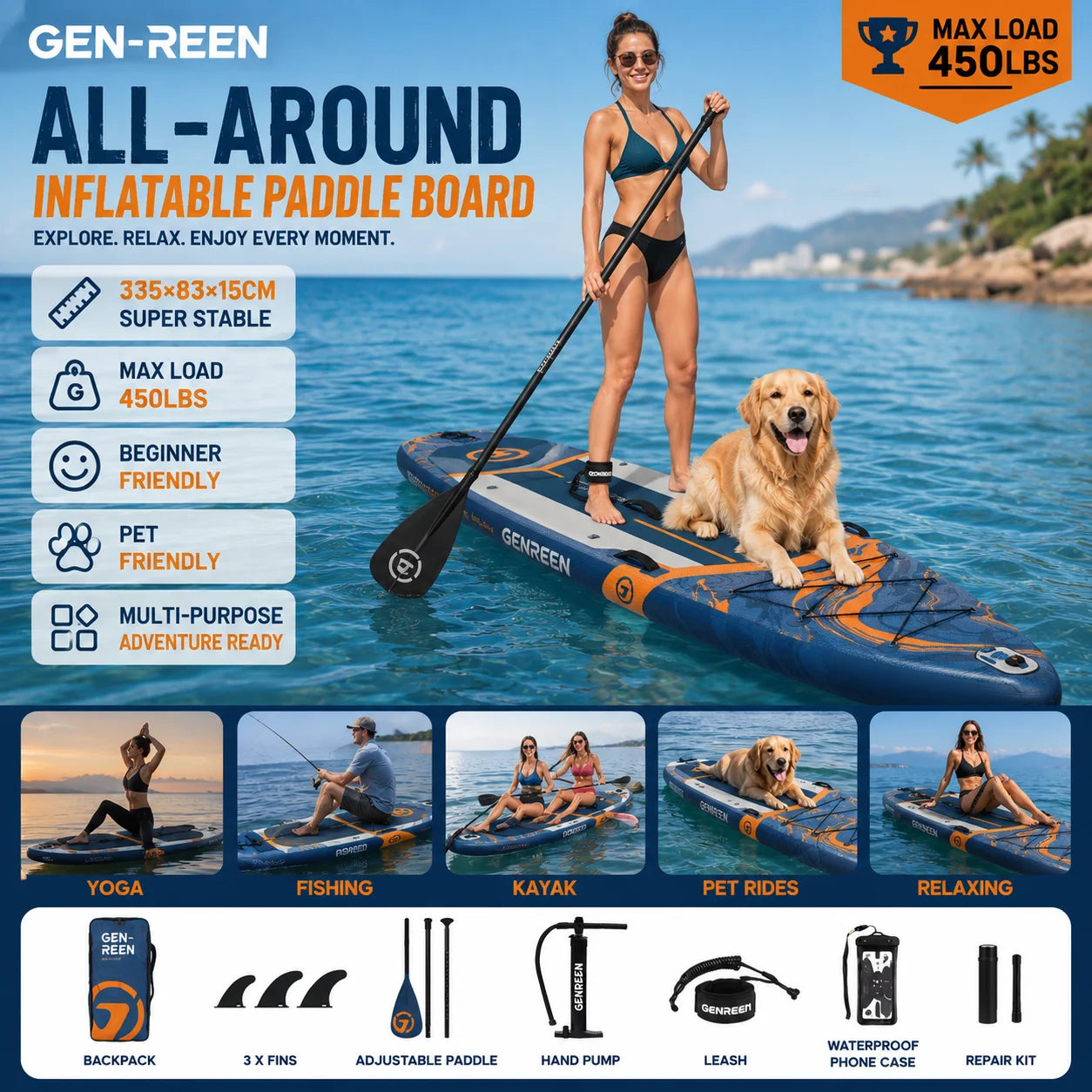 335*83*15cm Durable Inflatable Stand-Up Paddle Board for Surfing, Fishing, and Water Adventures