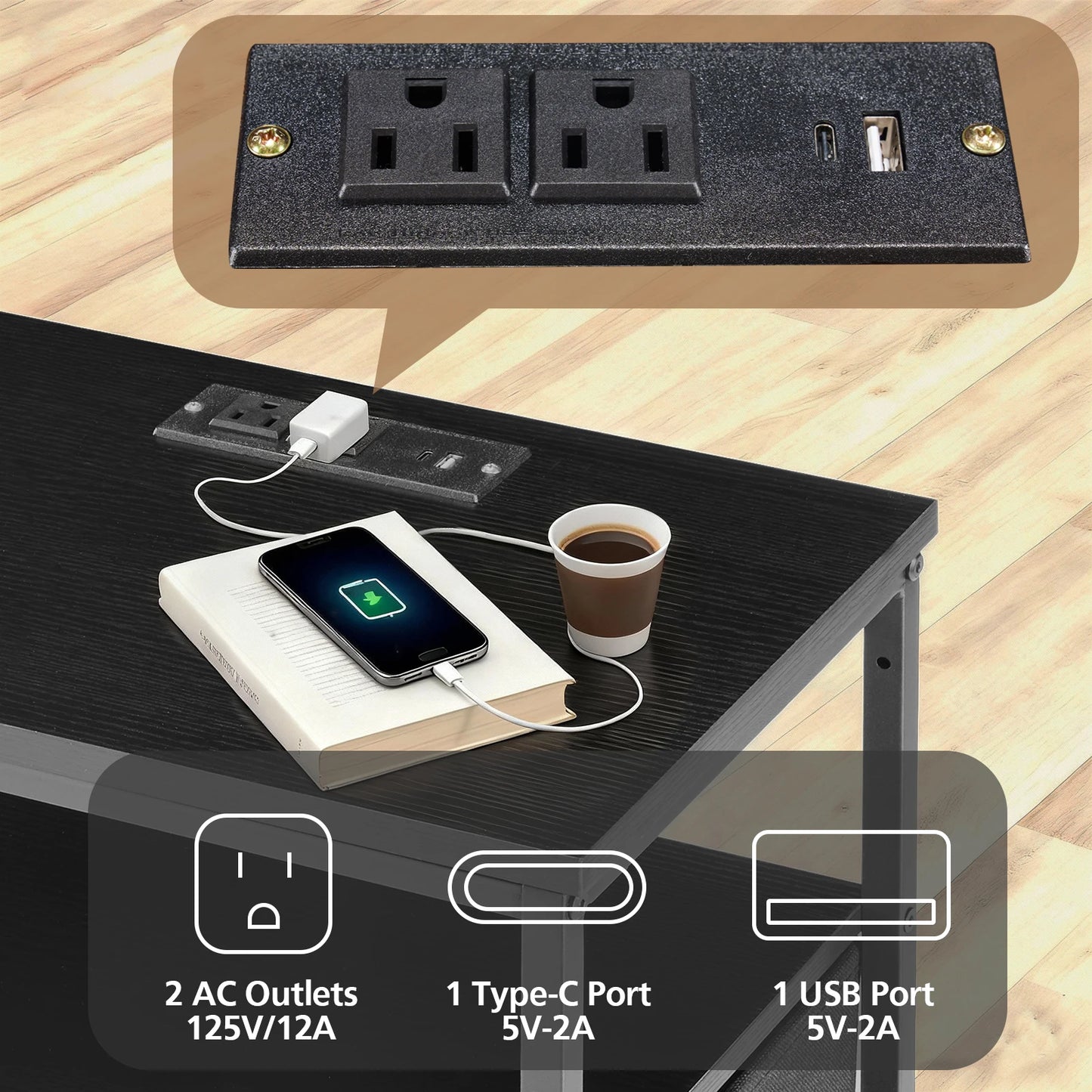 JHK 3 Fabric Drawers Cabinets with Charging Station Bedside End Table with USB/Type-C Ports Outlets Nightstand for Furniture