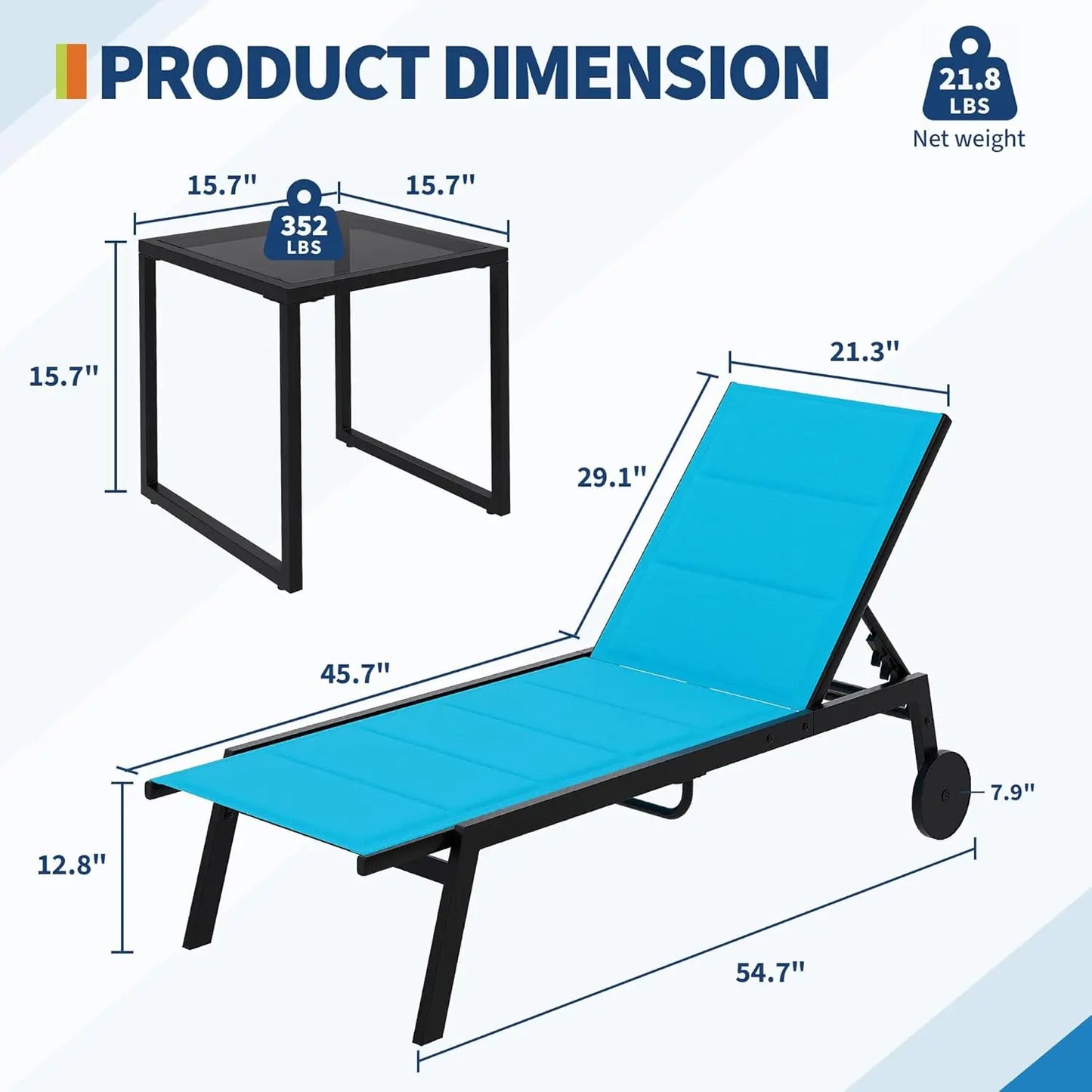 3 Pieces Patio Chaise Chairs Set, Pool Loungers with Side Table, outdoor Chaise Lounges Chair with Wheels, Adjustable Position
