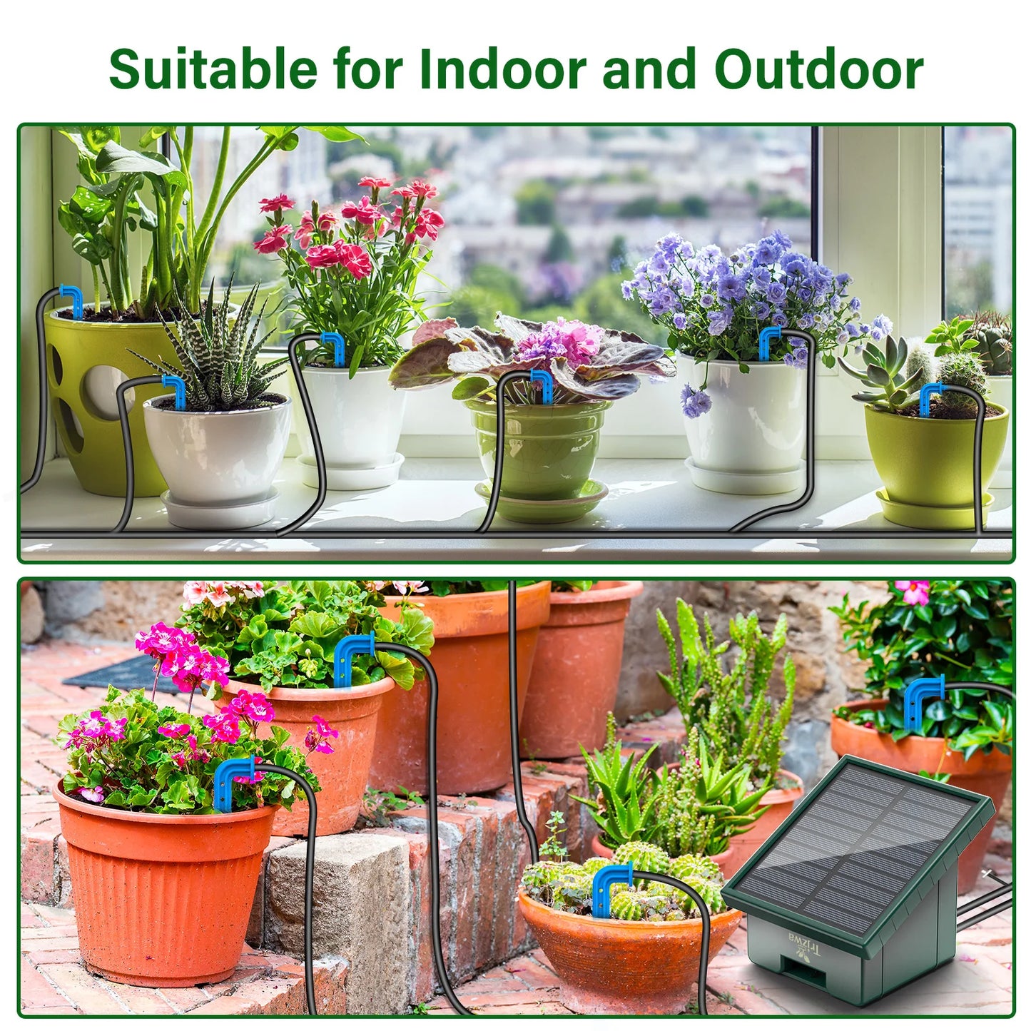 Solar Drip Irrigation Watering System  with 300 Watering Programmes, Garden Balcony Watering Kit with 10M Hose&10 Drip Tips etc, Suitable for Vegetables/Potted Plants/Fruit Trees