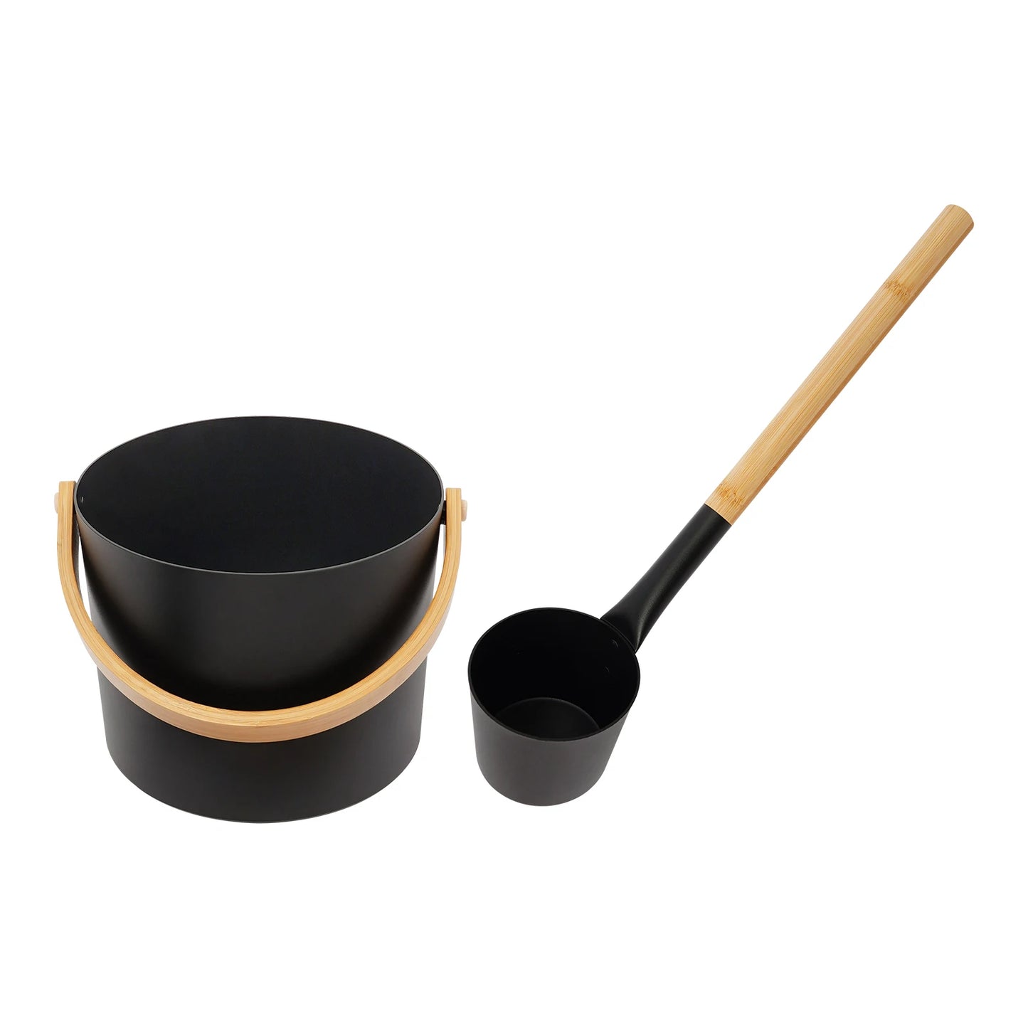 Sauna Bucket and Ladle Set 1.1Gal, Large Aluminum Sauna Bucket with Long Handle Spoon, Bamboo Wood Heat-Insulated for Home Spa Steam Room