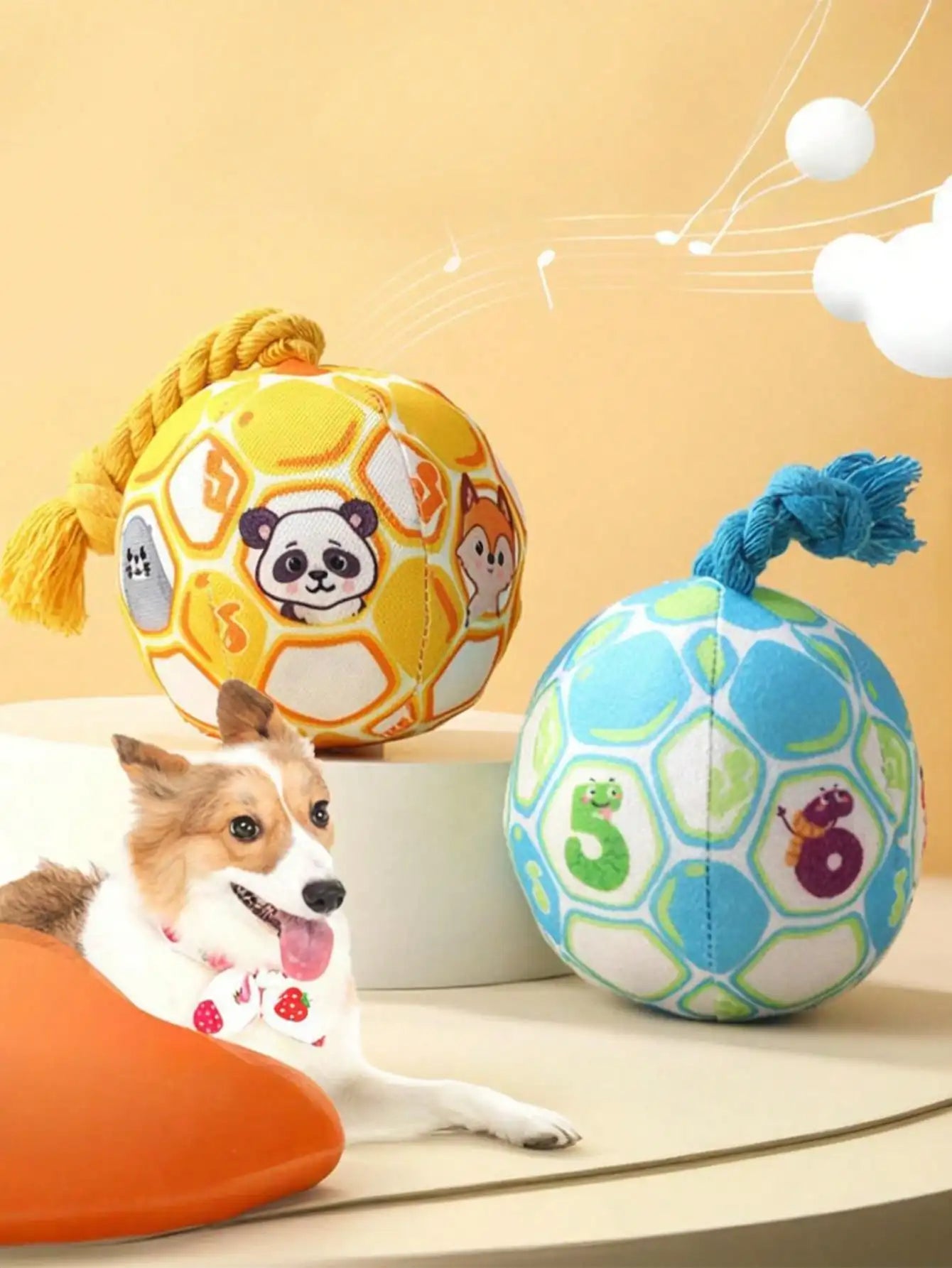 Cartoon Pattern Dog Toy Ball With Rope, Squeaky, Durable, Interactive, Suitable For Training And Entertaining Small To Medium Dogs